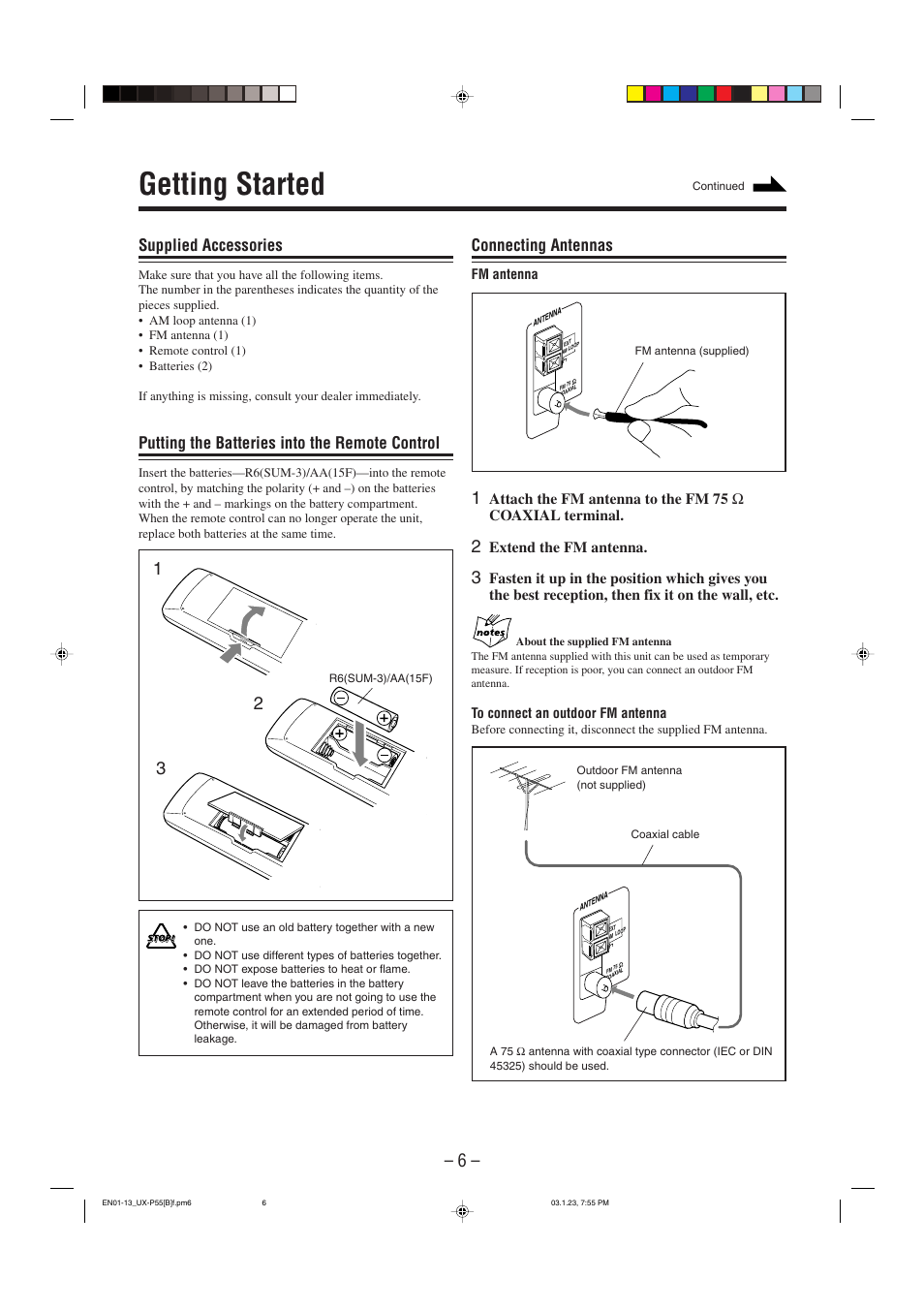 Getting started, Supplied accessories, Putting the batteries into the remote control | Connecting antennas | JVC CA-UXP55 User Manual | Page 9 / 28