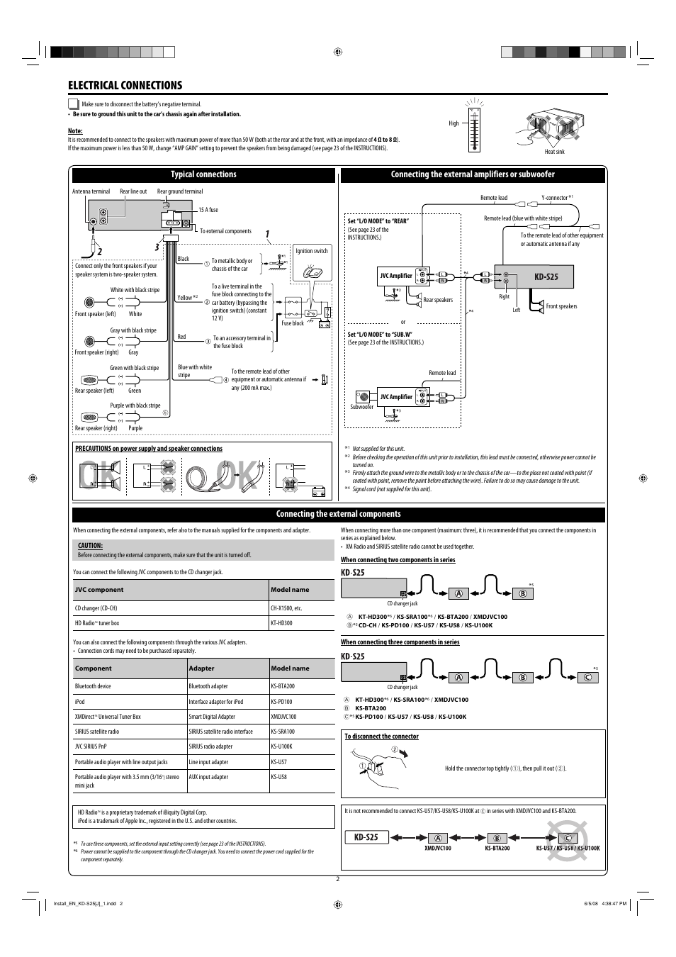 Electrical connections, Connecting the external components | JVC KD-S25 User Manual | Page 2 / 4