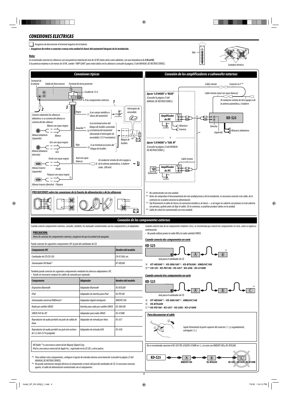 Conexiones electricas, Conexión de los componentes externos | JVC KD-S25 User Manual | Page 4 / 4