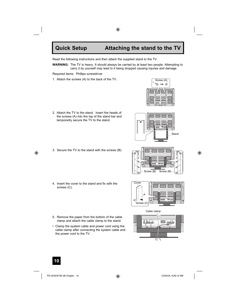 Quick setup attaching the stand to the tv | JVC I'Art Pro 1204TNH-II-IM User Manual | Page 10 / 92