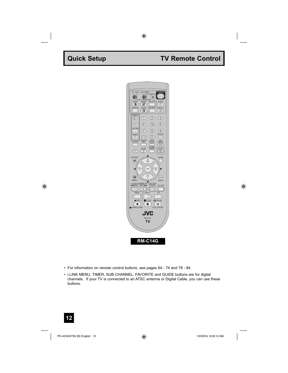 Quick setup tv remote control, Rm-c14g | JVC I'Art Pro 1204TNH-II-IM User Manual | Page 12 / 92