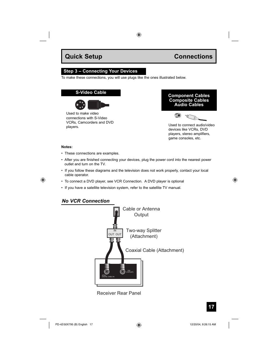 Quick setup connections, No vcr connection | JVC I'Art Pro 1204TNH-II-IM User Manual | Page 17 / 92