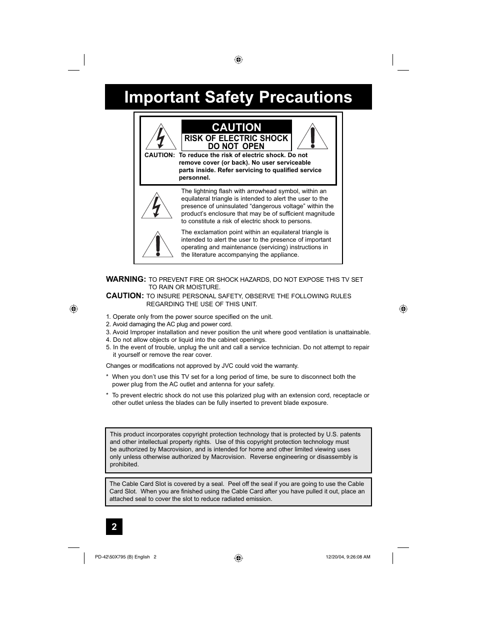 Important safety precautions, Caution | JVC I'Art Pro 1204TNH-II-IM User Manual | Page 2 / 92