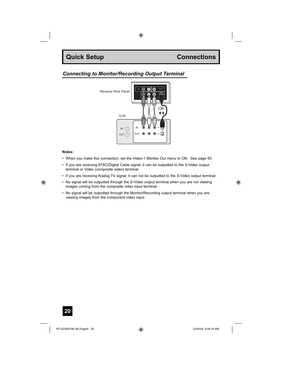 Quick setup connections, Connecting to monitor/recording output terminal | JVC I'Art Pro 1204TNH-II-IM User Manual | Page 20 / 92