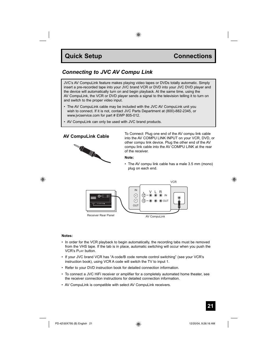 Quick setup connections, Connecting to jvc av compu link, Av compulink cable | JVC I'Art Pro 1204TNH-II-IM User Manual | Page 21 / 92