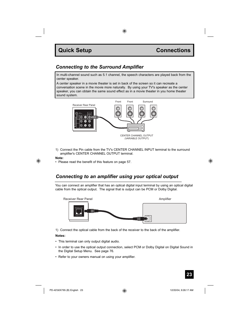 Quick setup connections, Connecting to the surround amplifier | JVC I'Art Pro 1204TNH-II-IM User Manual | Page 23 / 92