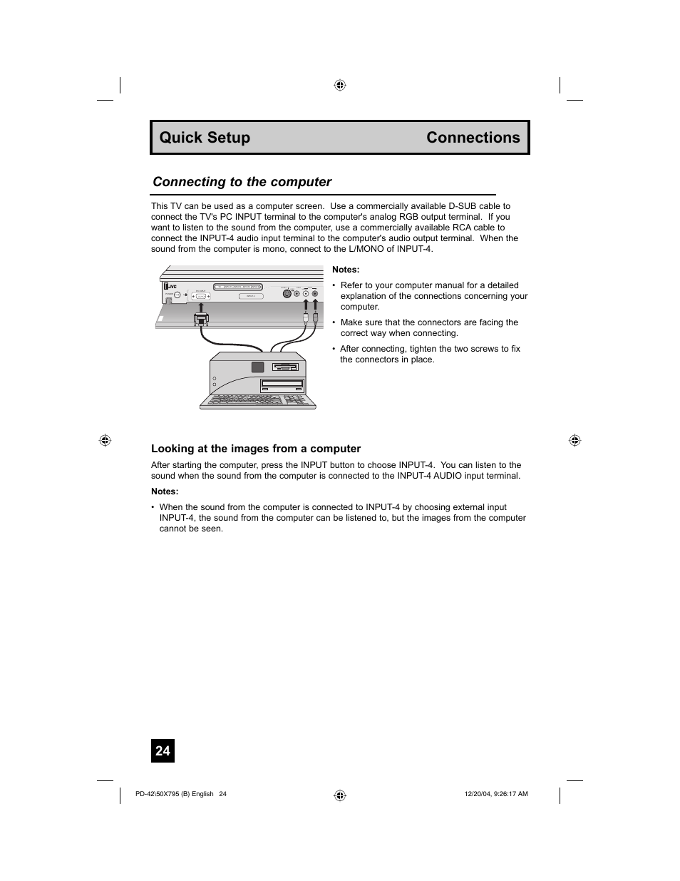 Quick setup connections, Connecting to the computer, Looking at the images from a computer | JVC I'Art Pro 1204TNH-II-IM User Manual | Page 24 / 92