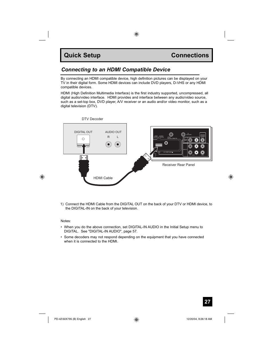 Quick setup connections, Connecting to an hdmi compatible device, Hdmi cable receiver rear panel dtv decoder | JVC I'Art Pro 1204TNH-II-IM User Manual | Page 27 / 92