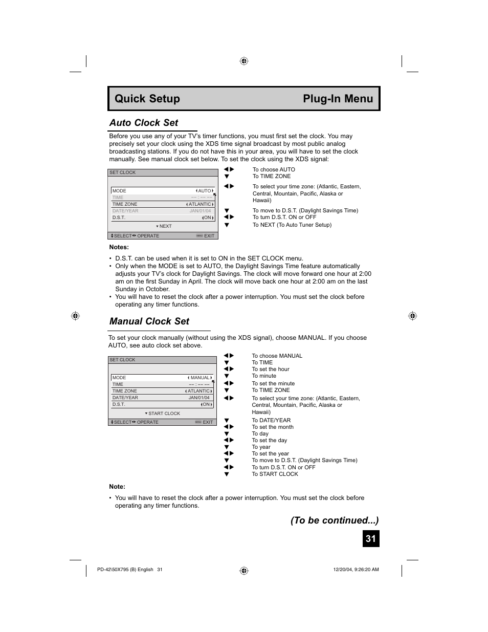 Quick setup plug-in menu, Manual clock set, Auto clock set (to be continued...) | JVC I'Art Pro 1204TNH-II-IM User Manual | Page 31 / 92