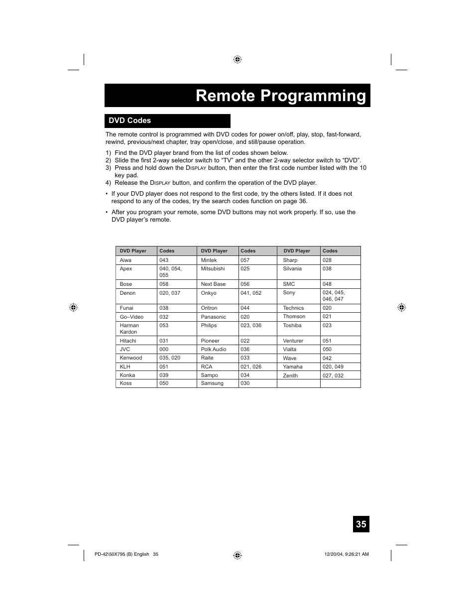 Remote programming, Dvd codes | JVC I'Art Pro 1204TNH-II-IM User Manual | Page 35 / 92