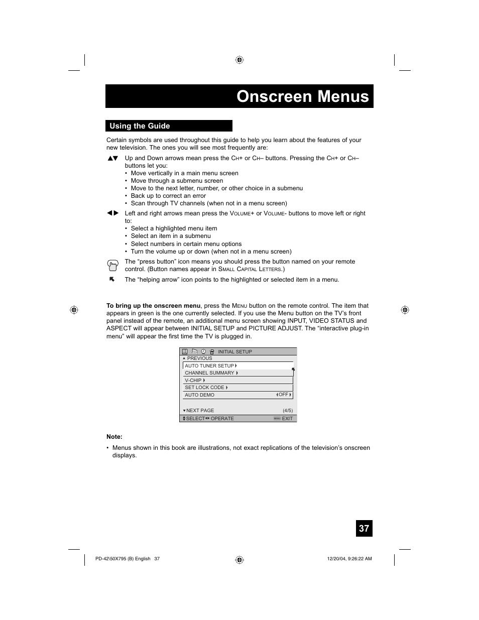 Onscreen menus, Using the guide | JVC I'Art Pro 1204TNH-II-IM User Manual | Page 37 / 92