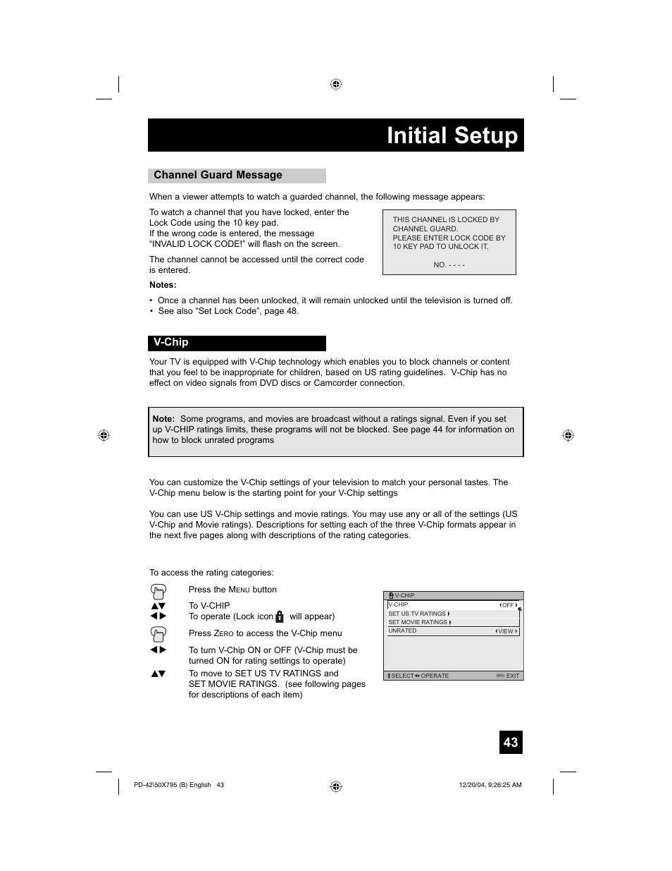 Initial setup, Channel guard message, V-chip | JVC I'Art Pro 1204TNH-II-IM User Manual | Page 43 / 92