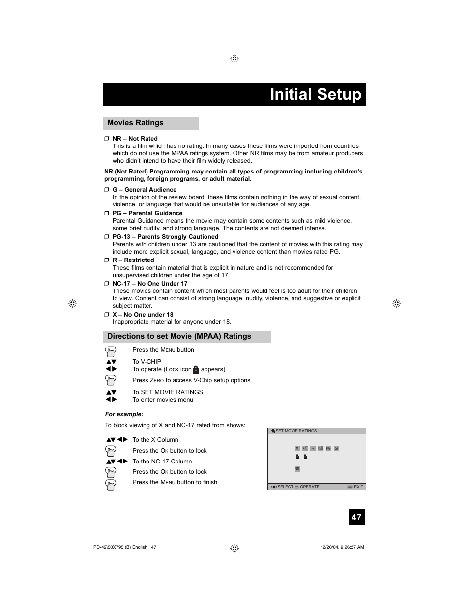 Initial setup, Movies ratings, Directions to set movie (mpaa) ratings | JVC I'Art Pro 1204TNH-II-IM User Manual | Page 47 / 92