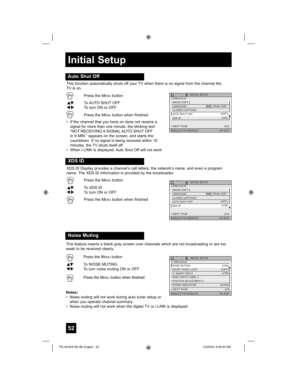 Initial setup, Auto shut off, Xds id | Noise muting | JVC I'Art Pro 1204TNH-II-IM User Manual | Page 52 / 92