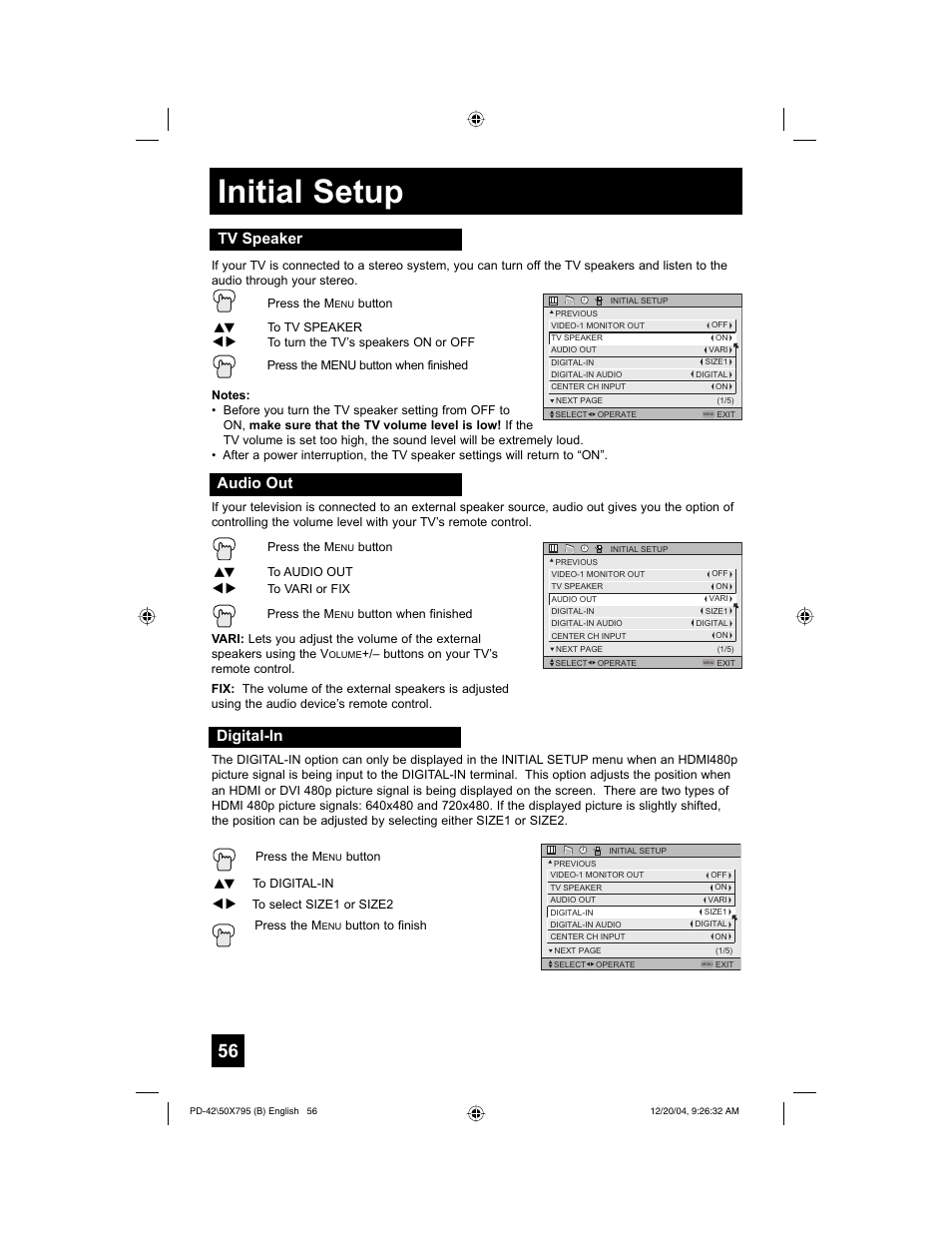 Initial setup, Digital-in, Audio out | Tv speaker | JVC I'Art Pro 1204TNH-II-IM User Manual | Page 56 / 92