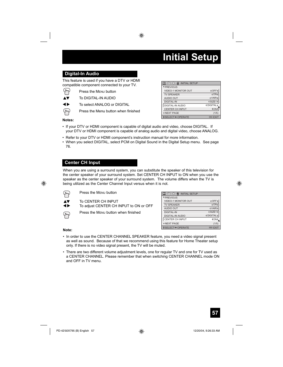 Initial setup, Center ch input, Digital-in audio | JVC I'Art Pro 1204TNH-II-IM User Manual | Page 57 / 92