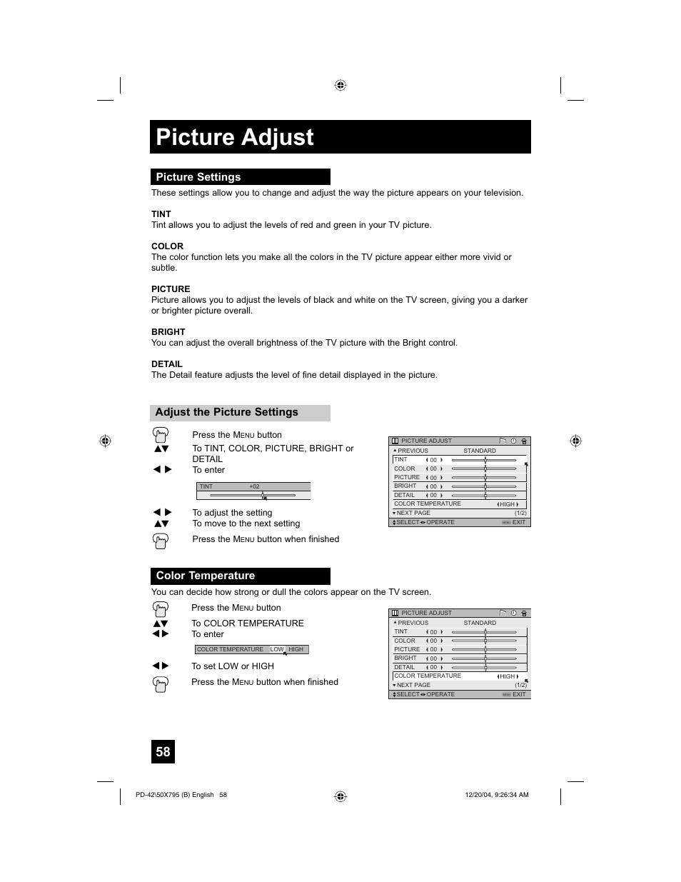 Picture adjust | JVC I'Art Pro 1204TNH-II-IM User Manual | Page 58 / 92
