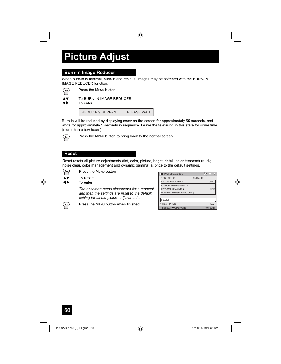 Picture adjust, Burn-in image reducer, Reset | JVC I'Art Pro 1204TNH-II-IM User Manual | Page 60 / 92
