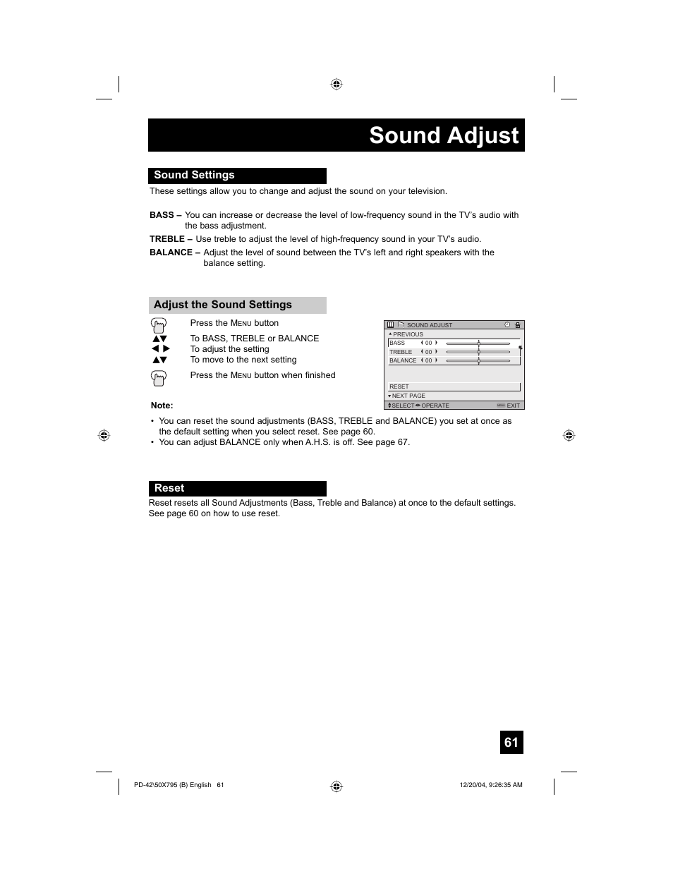 Sound adjust | JVC I'Art Pro 1204TNH-II-IM User Manual | Page 61 / 92