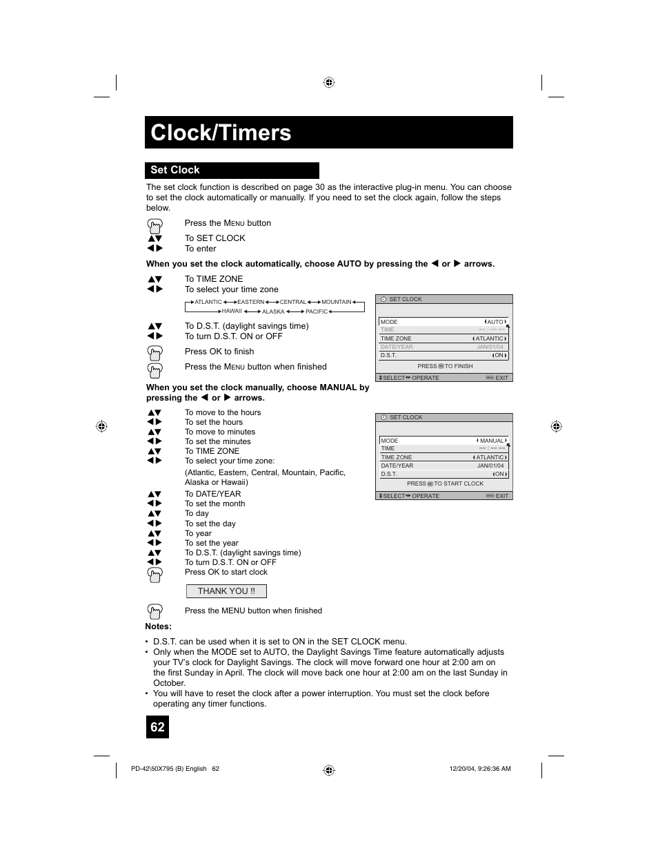 Clock/timers, Set clock | JVC I'Art Pro 1204TNH-II-IM User Manual | Page 62 / 92