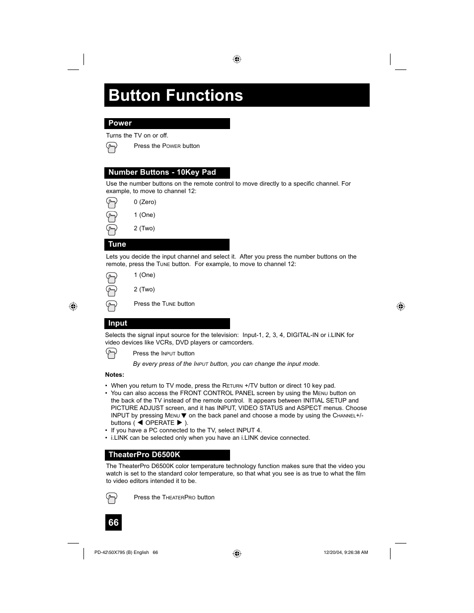 Button functions | JVC I'Art Pro 1204TNH-II-IM User Manual | Page 66 / 92