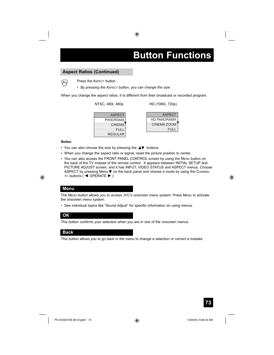 Button functions | JVC I'Art Pro 1204TNH-II-IM User Manual | Page 73 / 92