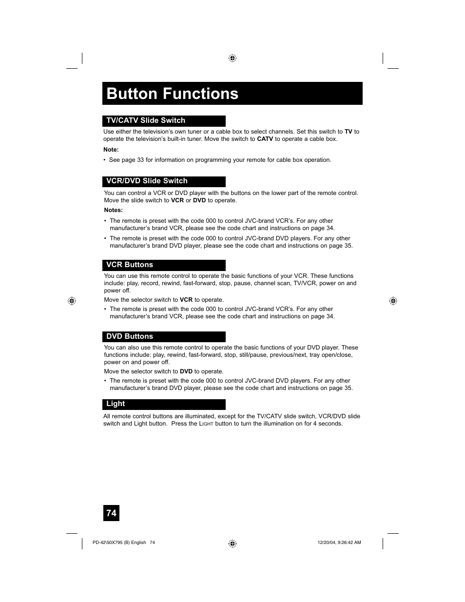 Button functions | JVC I'Art Pro 1204TNH-II-IM User Manual | Page 74 / 92