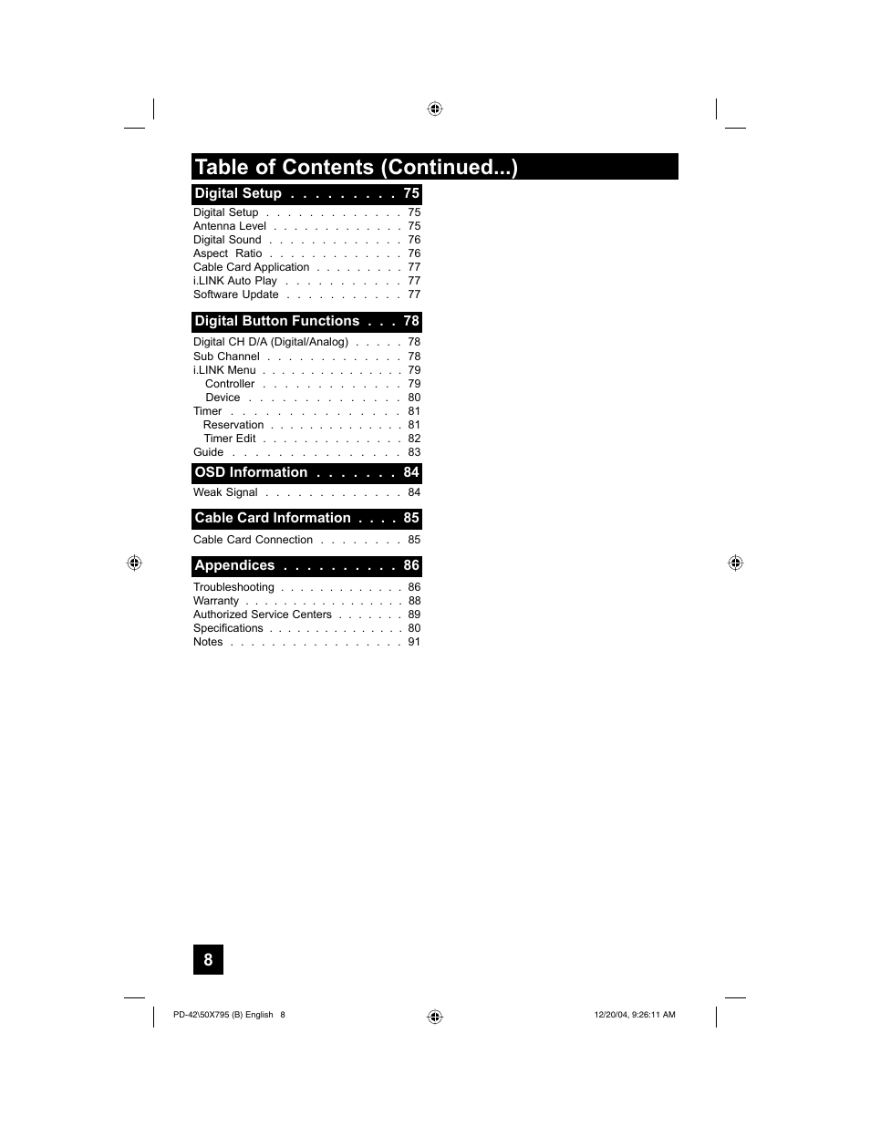 Table of contents (continued...) | JVC I'Art Pro 1204TNH-II-IM User Manual | Page 8 / 92