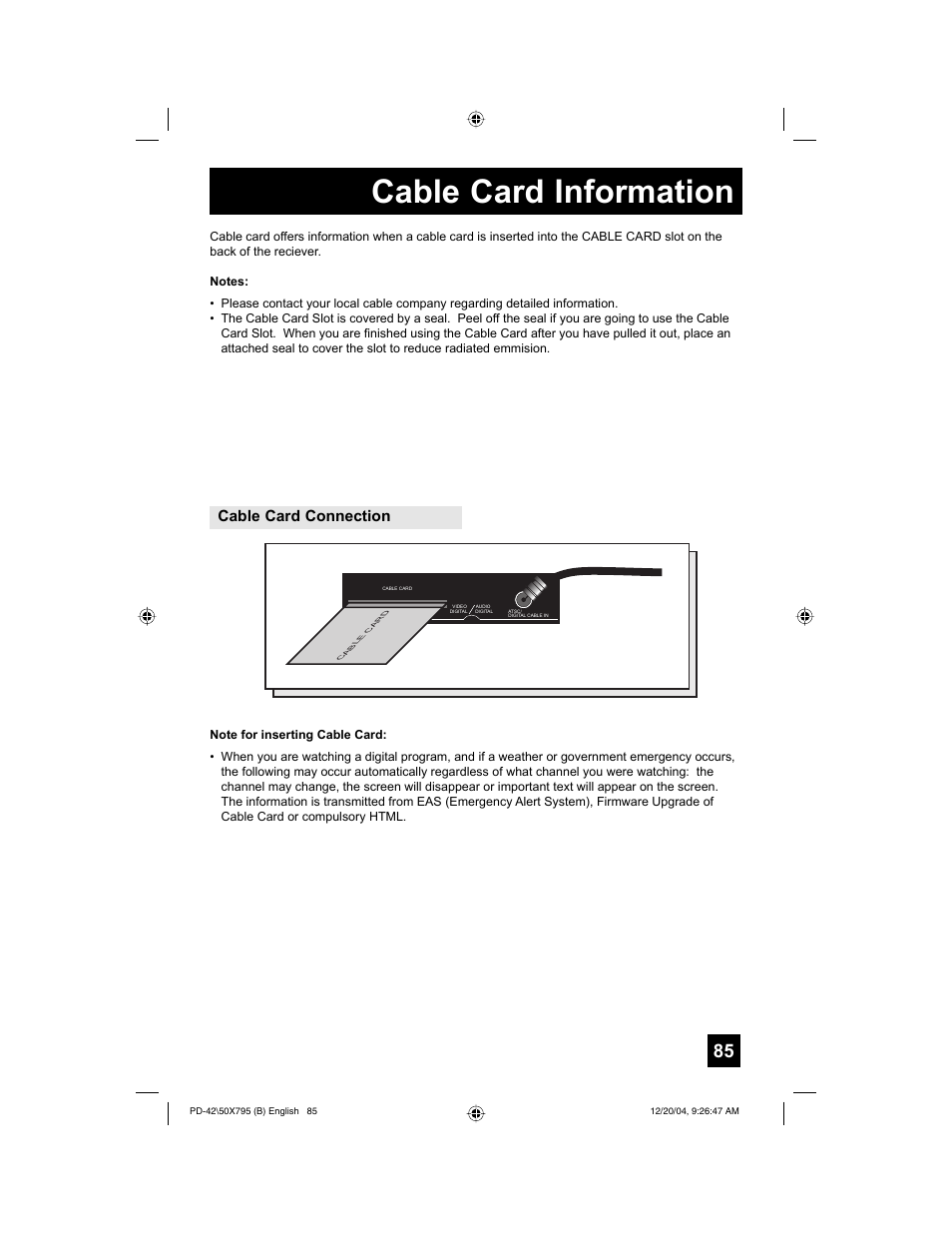 Cable card information, Cable card connection | JVC I'Art Pro 1204TNH-II-IM User Manual | Page 85 / 92