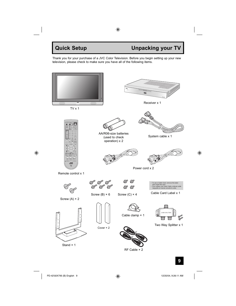 Quick setup unpacking your tv, Return, Tune tv | Power, Cable clamp × 1 screw (c) × 4, Cover × 2 | JVC I'Art Pro 1204TNH-II-IM User Manual | Page 9 / 92