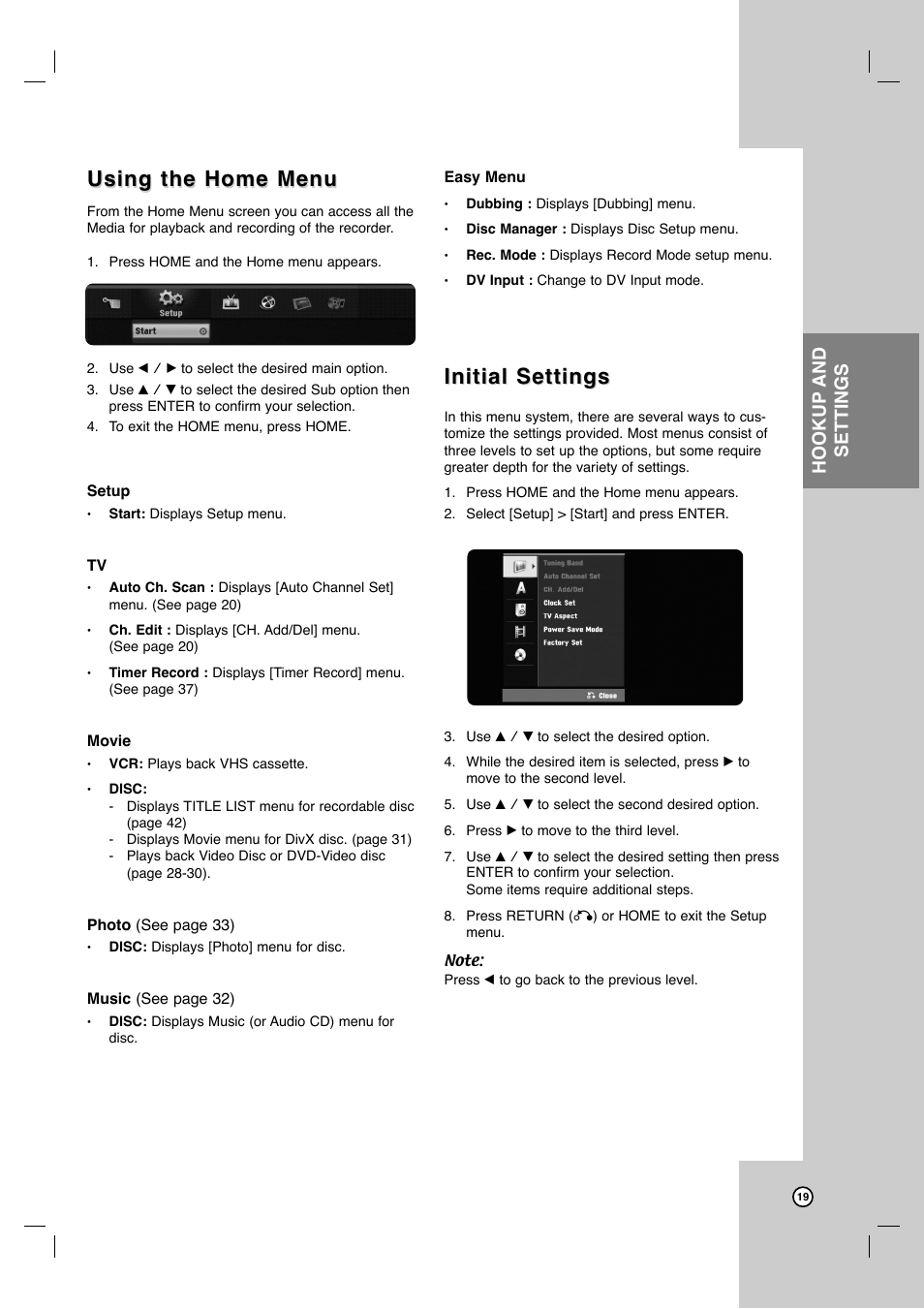 Using the home menu, Initial settings, Hookup and settings | JVC DR-MV7SU User Manual | Page 19 / 60