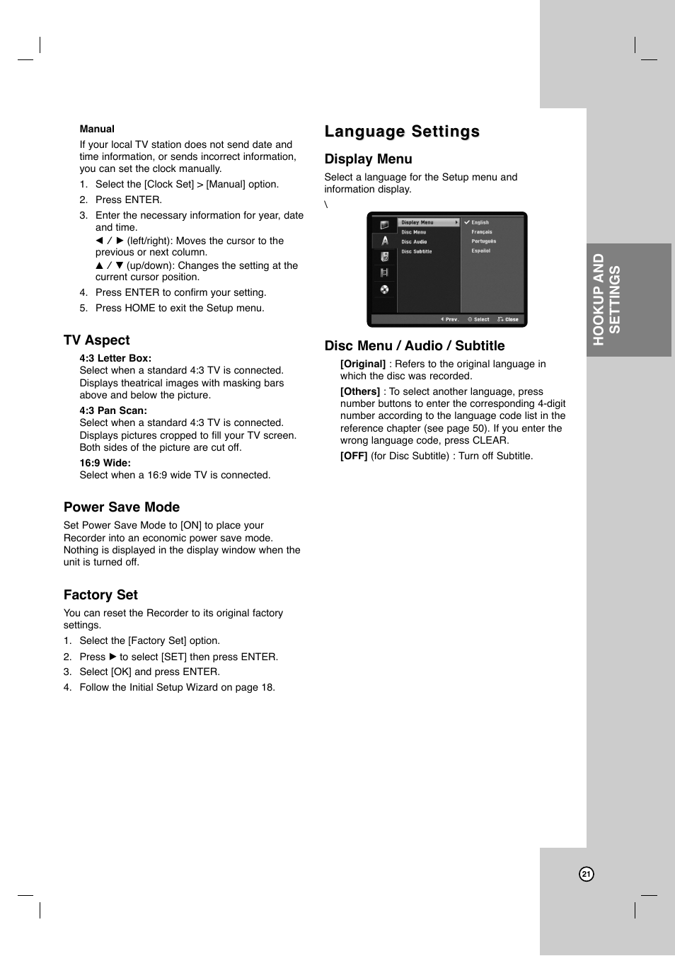 Language settings, Hookup and settings, Tv aspect | Power save mode, Factory set, Display menu, Disc menu / audio / subtitle | JVC DR-MV7SU User Manual | Page 21 / 60