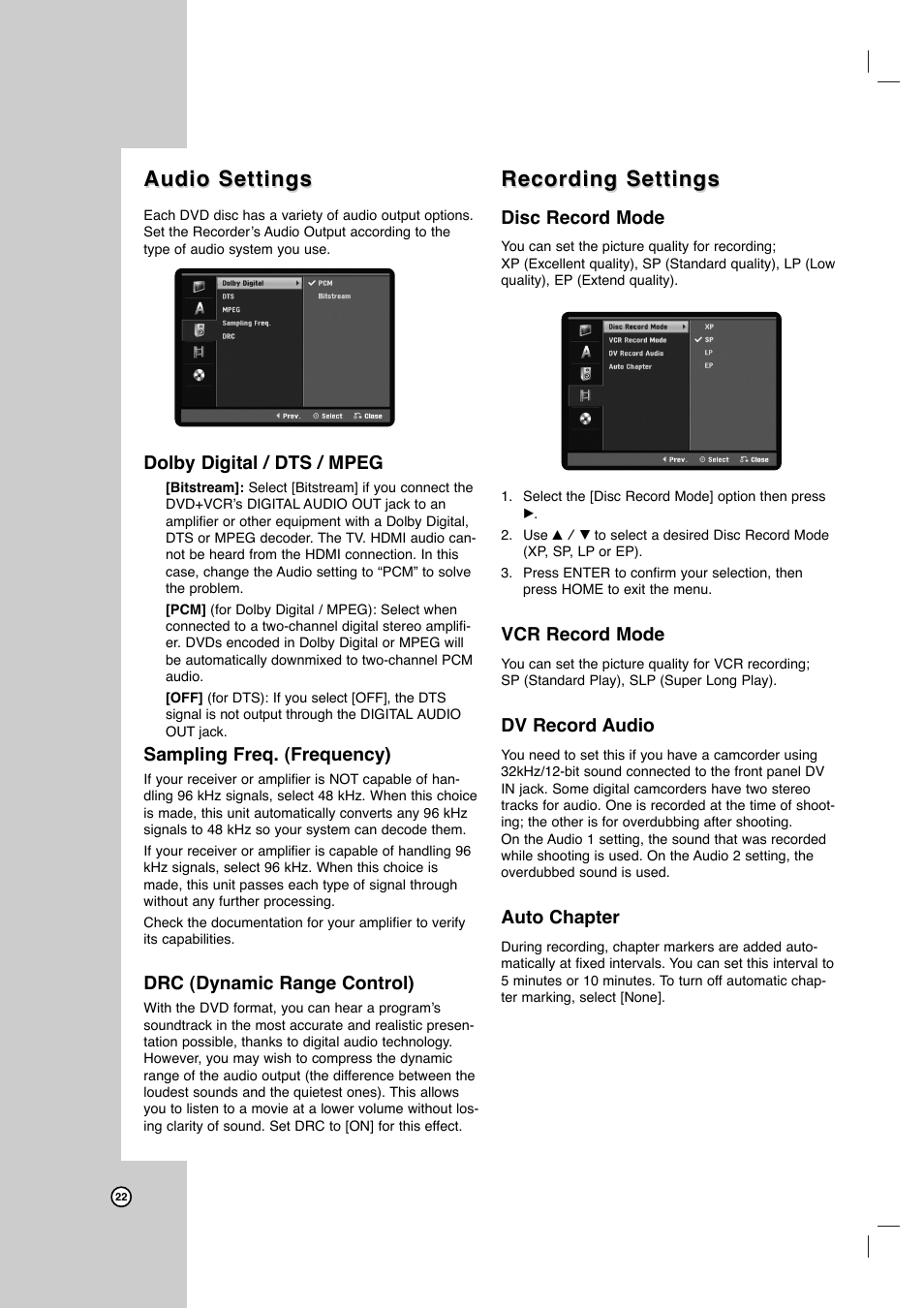 Audio settings, Recording settings | JVC DR-MV7SU User Manual | Page 22 / 60