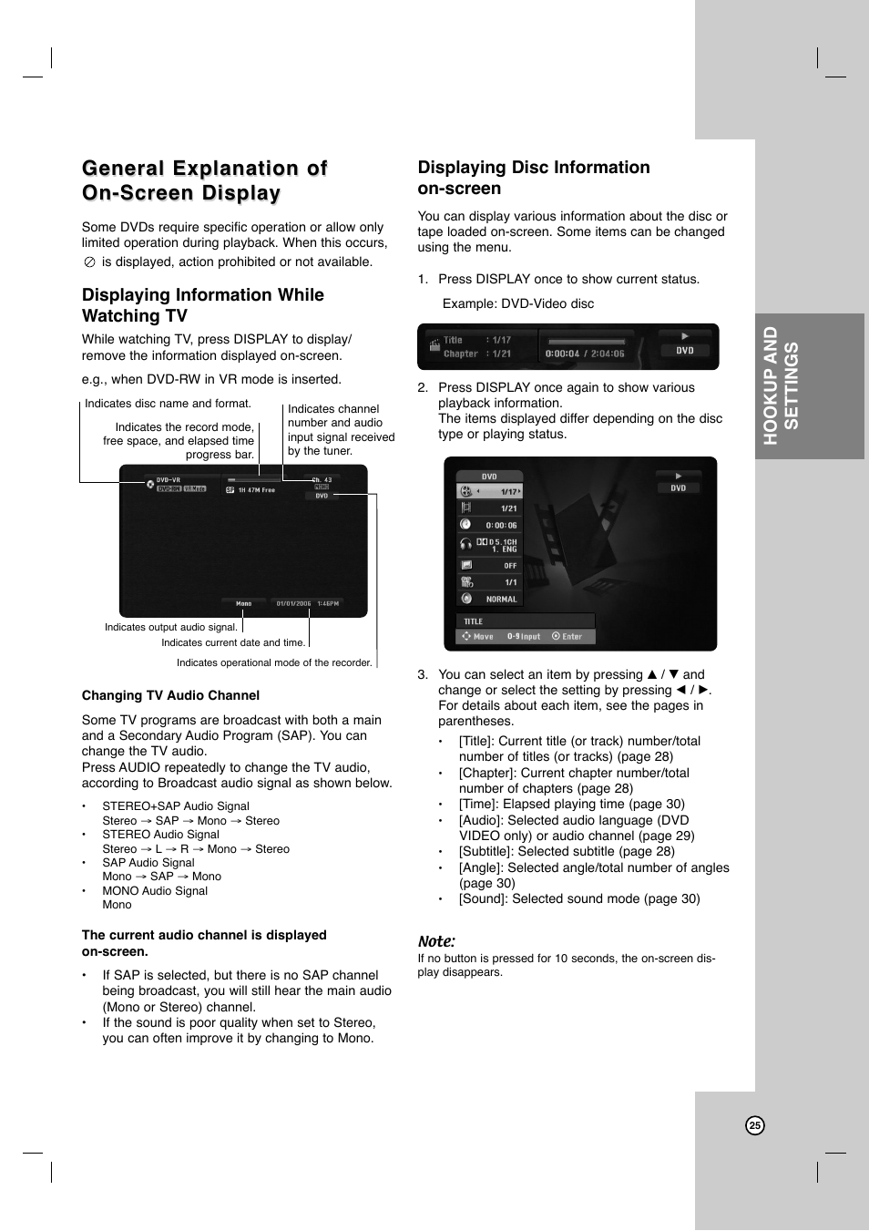 General explanation of, Hookup and settings, Displaying information while watching tv | Displaying disc information on-screen | JVC DR-MV7SU User Manual | Page 25 / 60