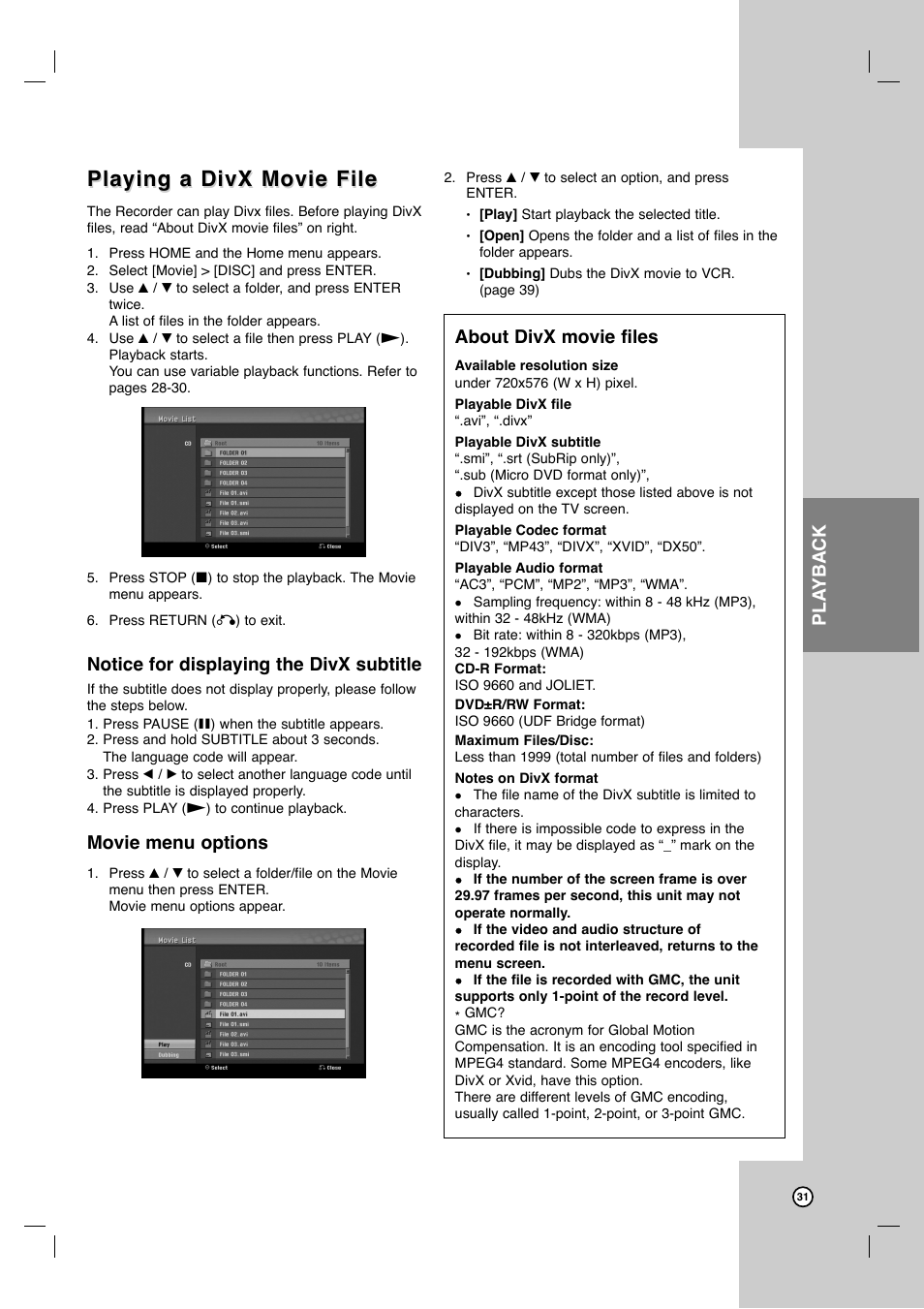 Playing a divx movie file, Pla yback, Notice for displaying the divx subtitle | Movie menu options, About divx movie files | JVC DR-MV7SU User Manual | Page 31 / 60