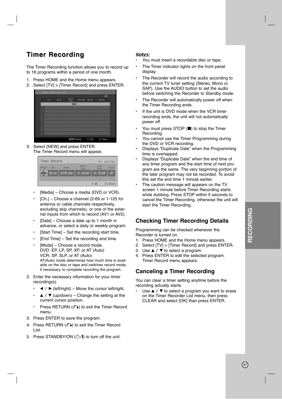 Timer recording imer recording, Recording, Checking timer recording details | Canceling a timer recording | JVC DR-MV7SU User Manual | Page 37 / 60