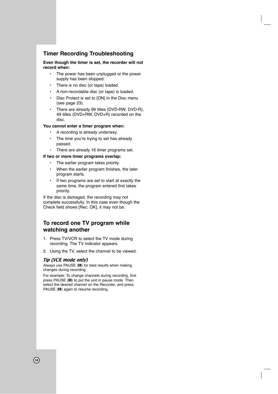 Timer recording troubleshooting | JVC DR-MV7SU User Manual | Page 38 / 60