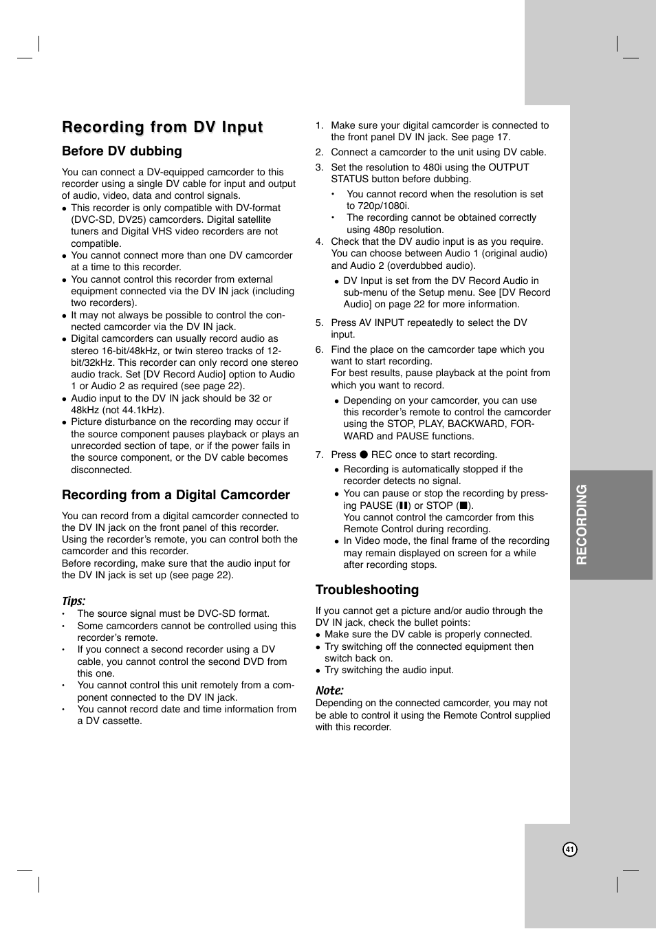 Recording from dv input, Recording, Before dv dubbing | Recording from a digital camcorder, Troubleshooting | JVC DR-MV7SU User Manual | Page 41 / 60