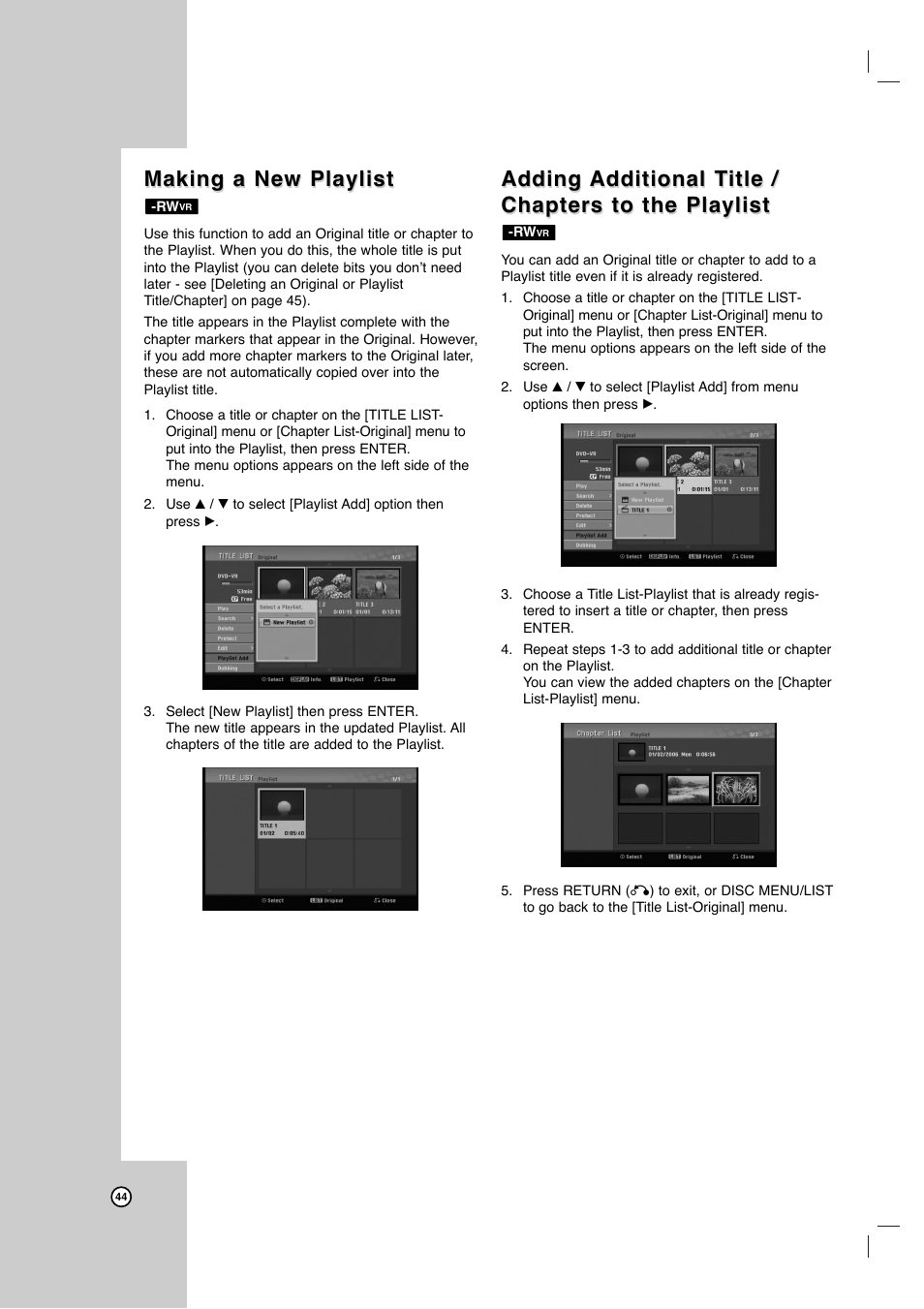 Making a new playlist, Adding | JVC DR-MV7SU User Manual | Page 44 / 60