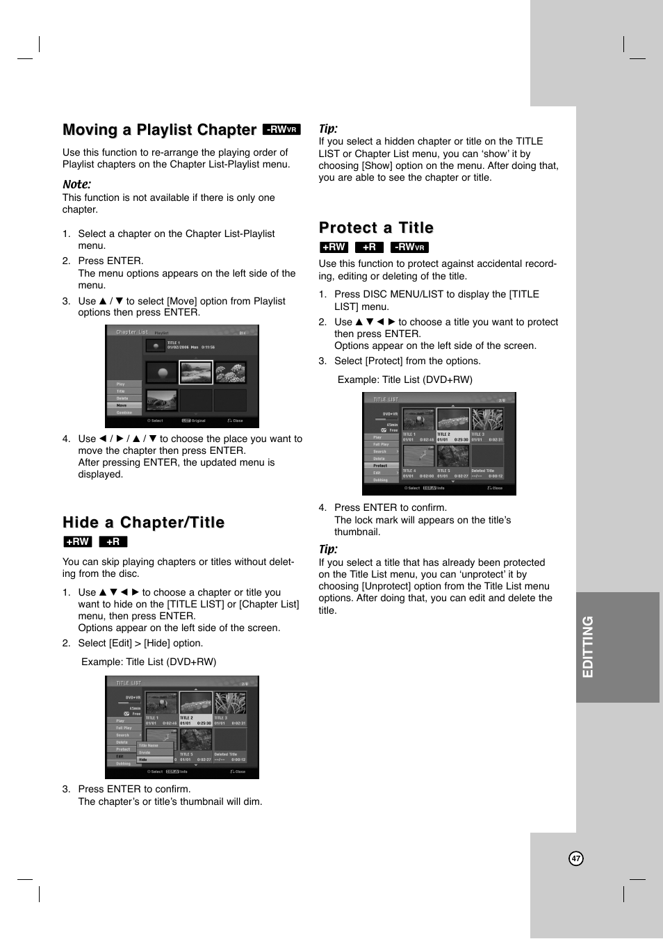 Moving a playlist chapter, Hide a chapter/t, Hide a chapter/t itle itle | Protect a t, Protect a t itle itle, Editting | JVC DR-MV7SU User Manual | Page 47 / 60