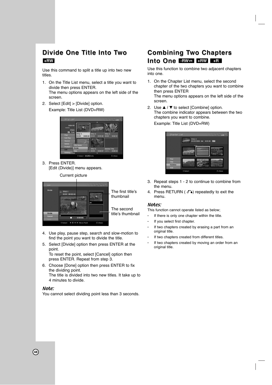 Divide one t, Divide one t itle into t itle into t wo wo, Combining t | JVC DR-MV7SU User Manual | Page 48 / 60