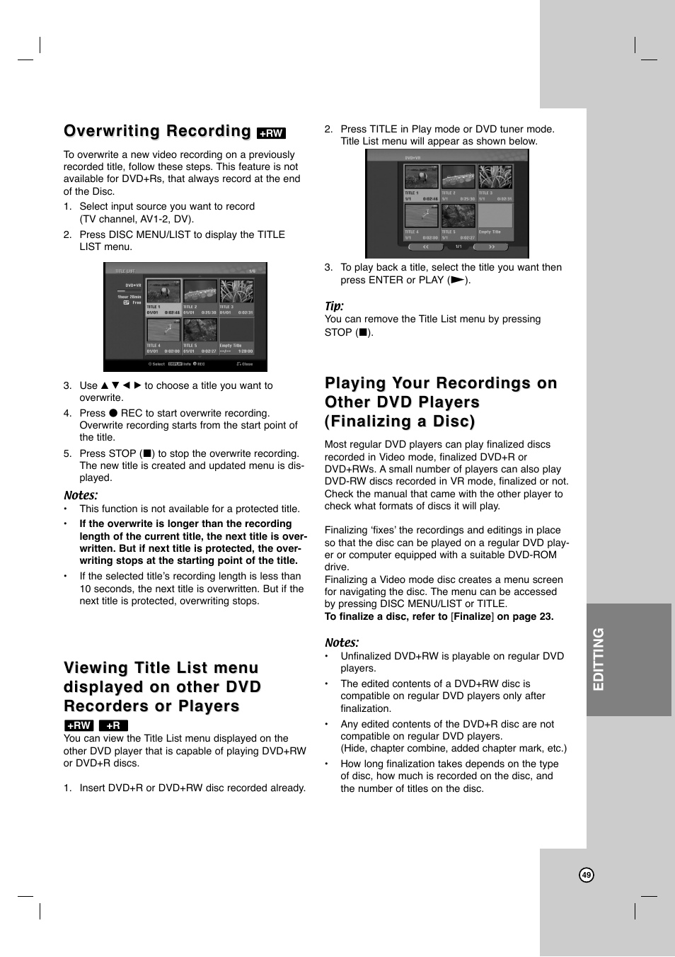 Overwriting recording, Playing | JVC DR-MV7SU User Manual | Page 49 / 60