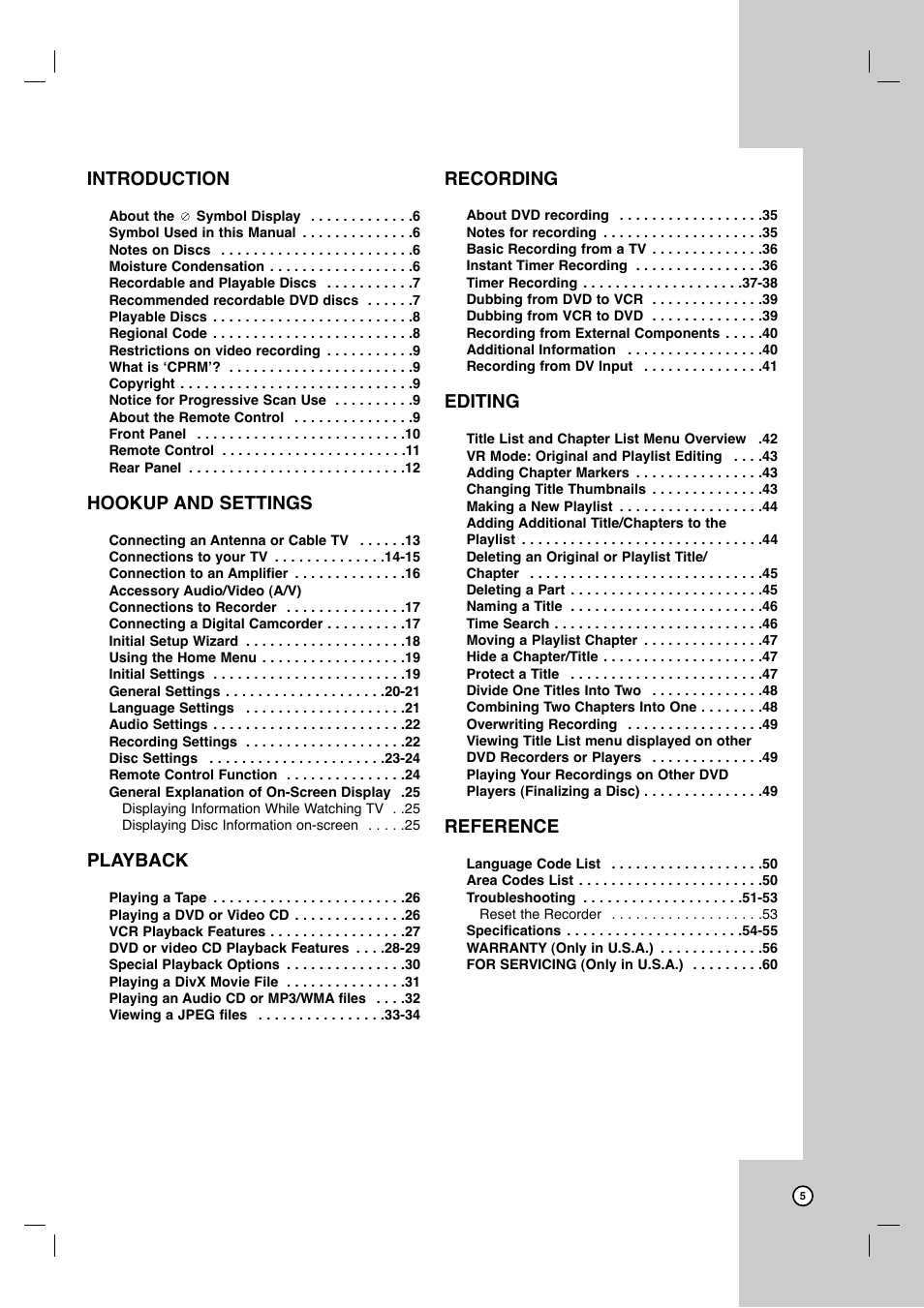 Introduction, Hookup and settings, Playback | Recording, Editing, Reference | JVC DR-MV7SU User Manual | Page 5 / 60