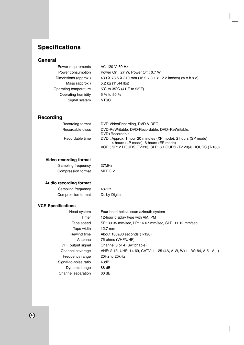 Specifications, General, Recording | JVC DR-MV7SU User Manual | Page 54 / 60
