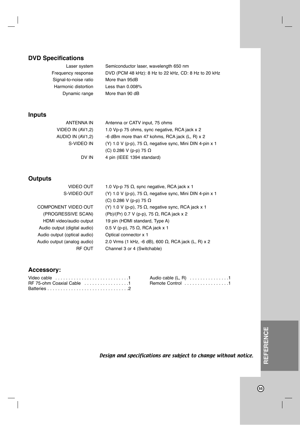 Dvd specifications, Inputs, Outputs | Accessory, Reference | JVC DR-MV7SU User Manual | Page 55 / 60