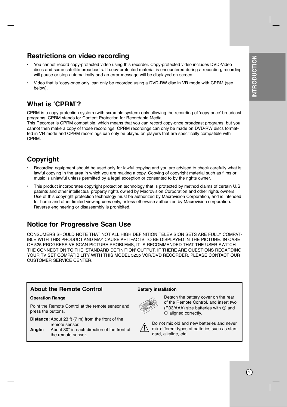 Restrictions on video recording, What is ‘cprm, Copyright | Notice for progressive scan use, Introduction about the remote control | JVC DR-MV7SU User Manual | Page 9 / 60