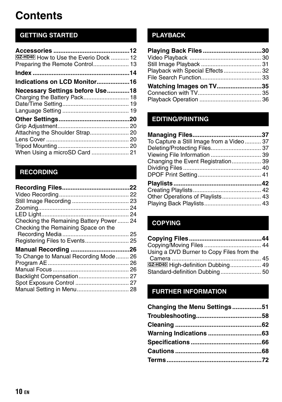 JVC Everio GZ-HD40 User Manual | Page 10 / 72