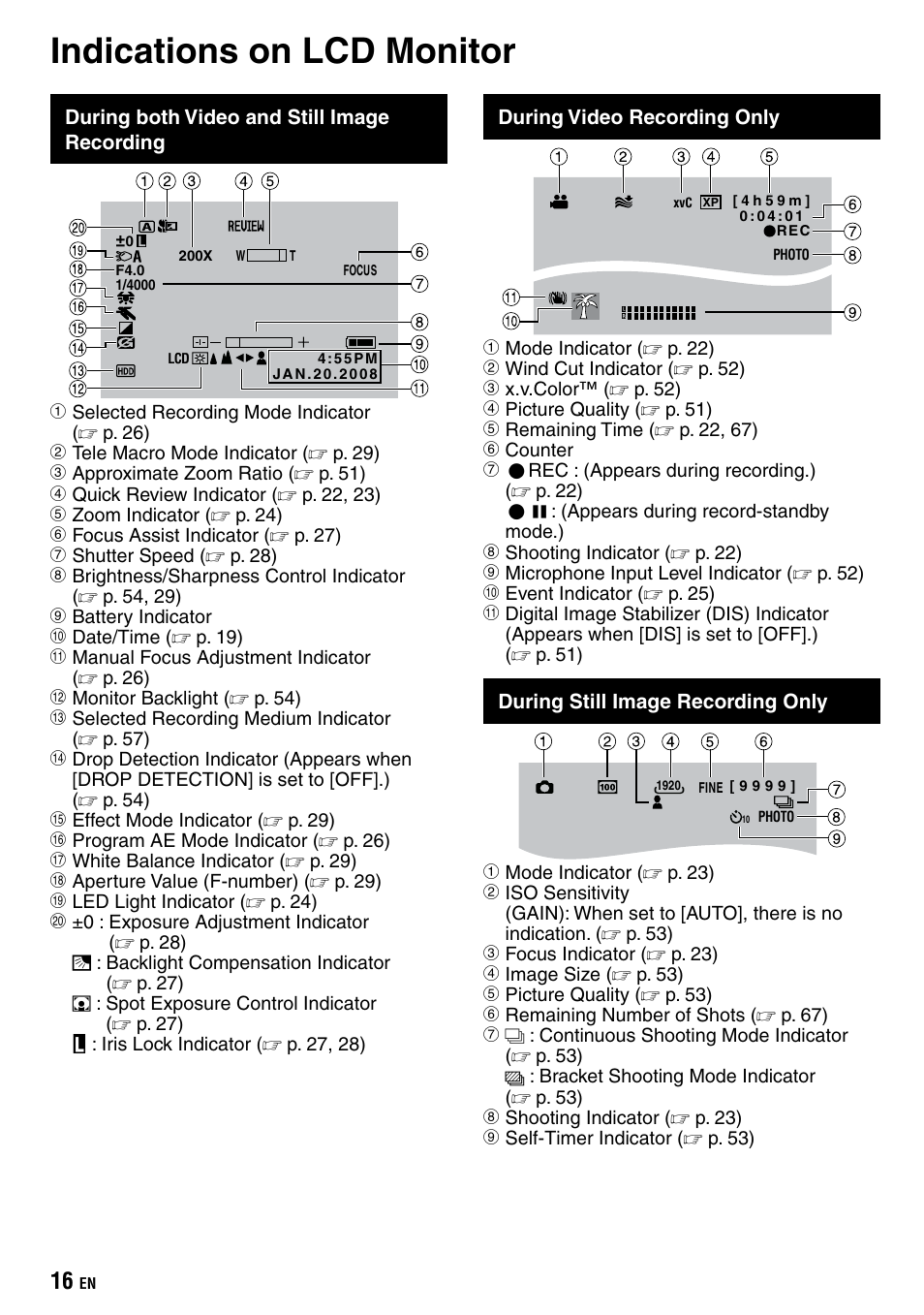 Indications on lcd monitor | JVC Everio GZ-HD40 User Manual | Page 16 / 72