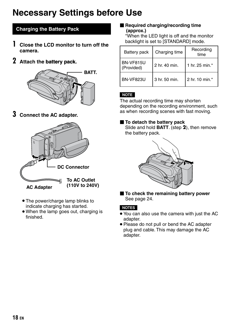 Necessary settings before use, Charging the battery pack | JVC Everio GZ-HD40 User Manual | Page 18 / 72