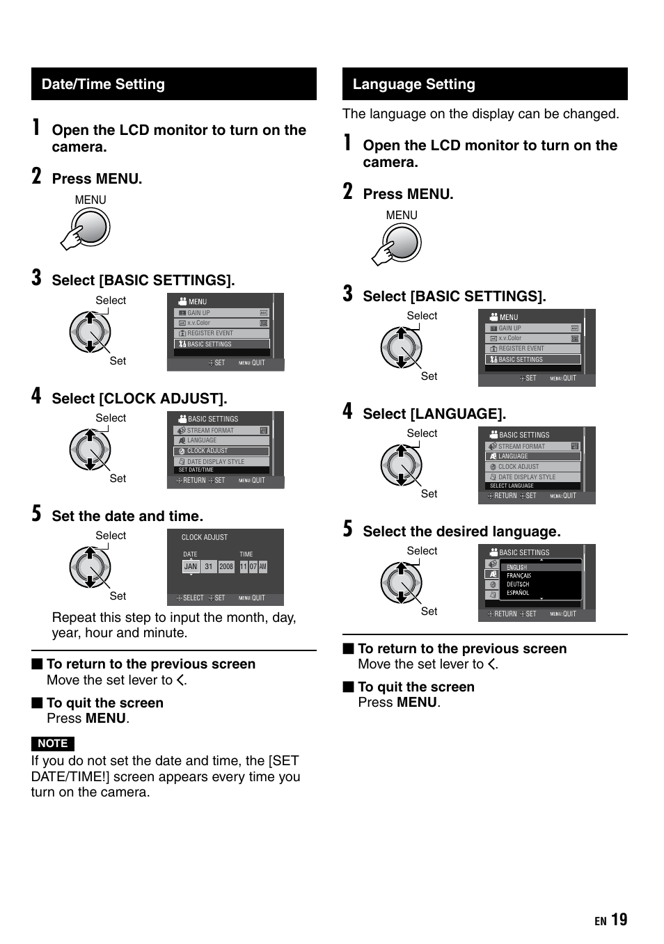 Date/time setting, Language setting, Open the lcd monitor to turn on the camera | Press menu, Select [basic settings, Select [clock adjust, Set the date and time, Select [language, Select the desired language | JVC Everio GZ-HD40 User Manual | Page 19 / 72